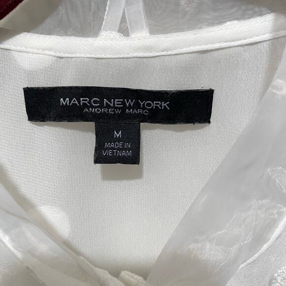 MARC NY Andrew Marc White Top SIZE MEDIUM Polka Dot Puff Sleeve Tie Neck Blouse - Picture 3 of 6